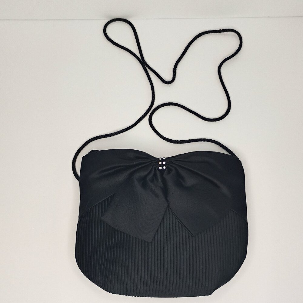 Almondo Small Black Handbag – Bow & Rhinestone Detail – Gently Used